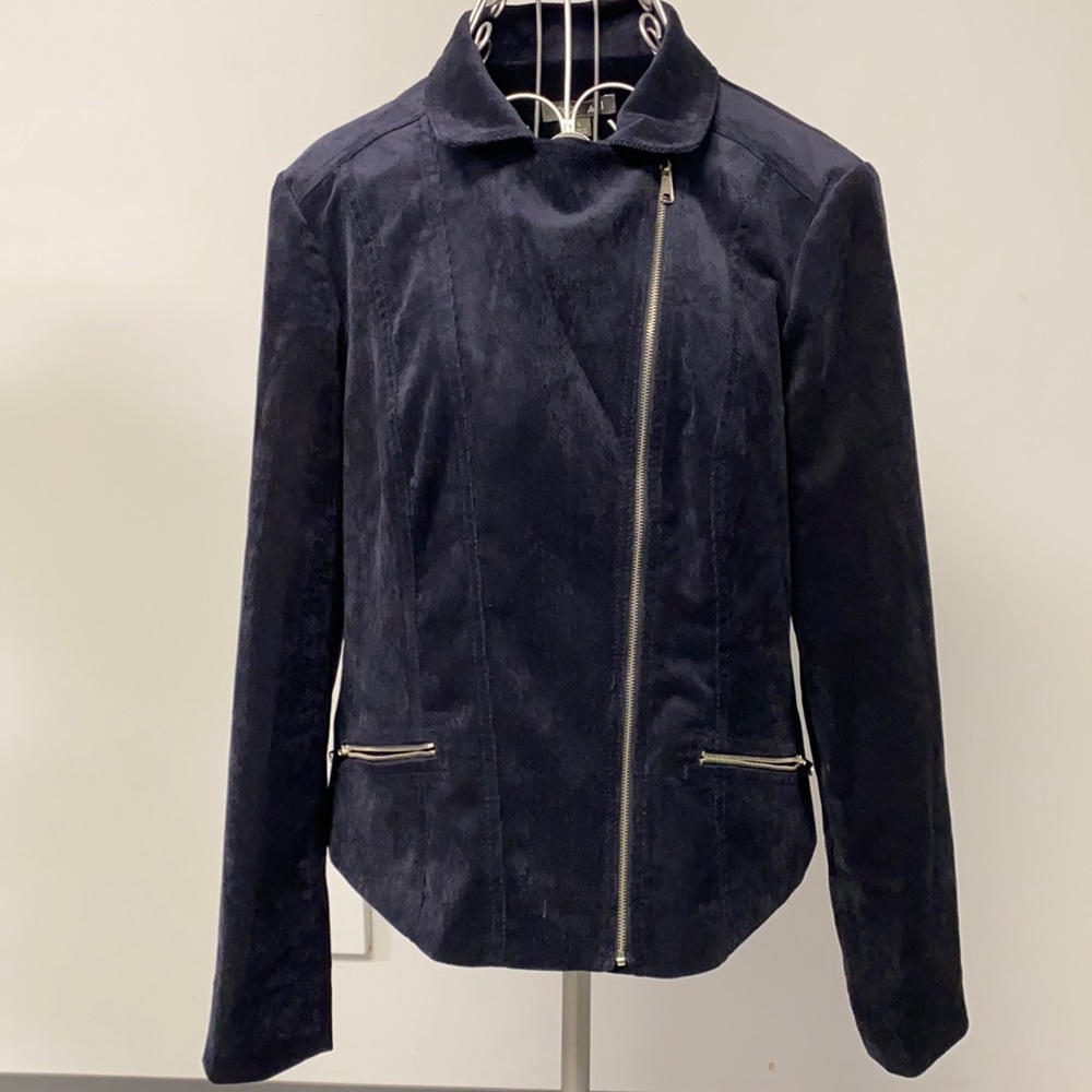 Roz & Ali Jacket Navy Blue Faux Crushed Velvet Full Side Zip Large